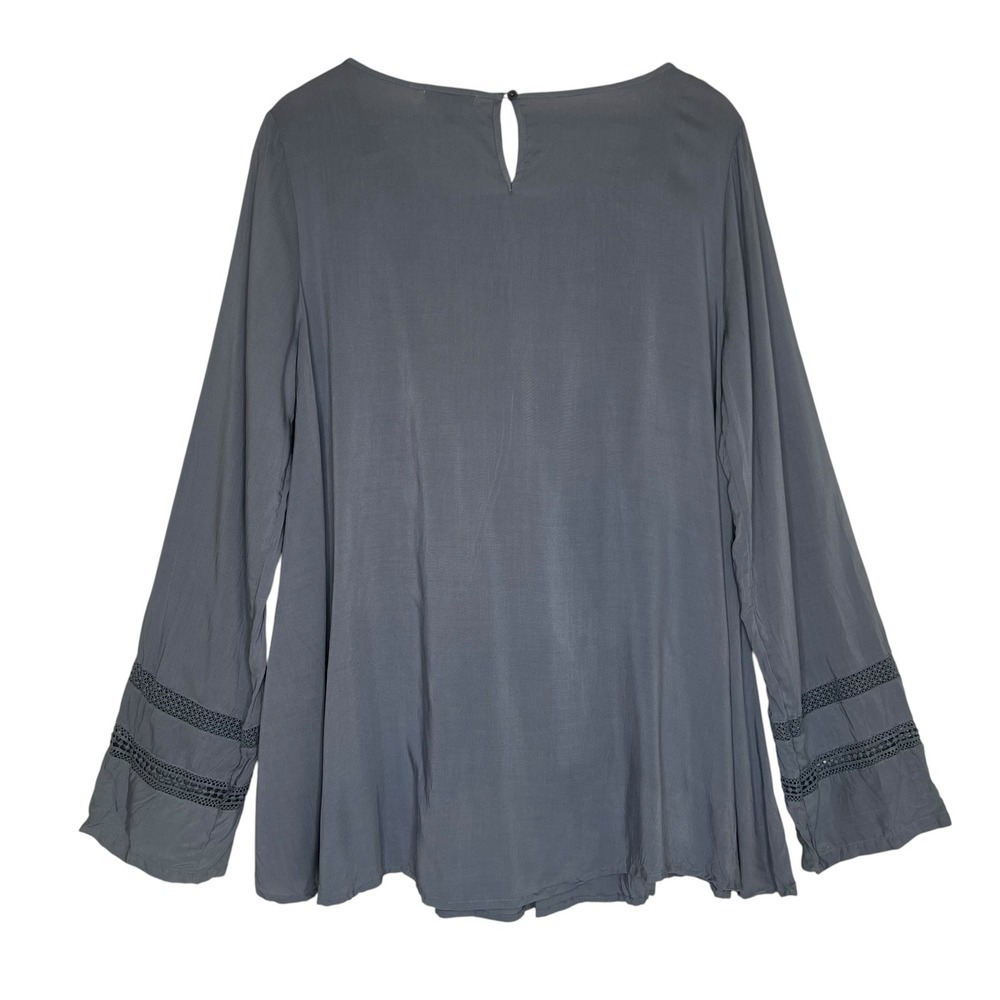 Sundance Catalog Pintuck Ling Sleeve Tunic Blouse Crochet Sleeve Dusty Blue SZ S - Picture 2 of 9